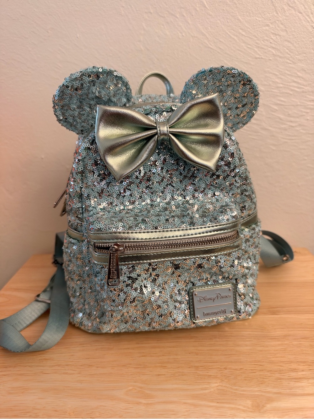 Loungefly Sequin Mini Backpack in Teal with Metallic Bow